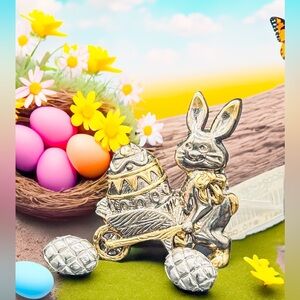 Vintage 1970s-1980s Signed Best Easter Bunny Brooch + Silver Tone Egg Earrings